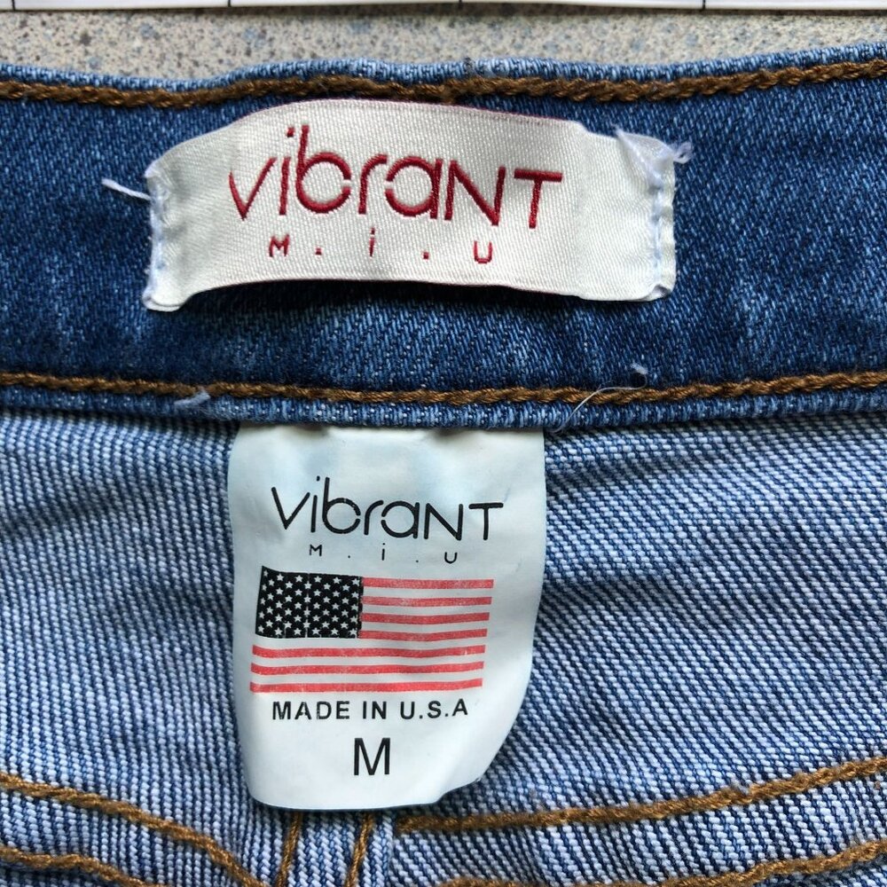 Vibrant MIU Fringed Jean Shorts Women Medium Blue Distressed High Rise Demim - Picture 3 of 5